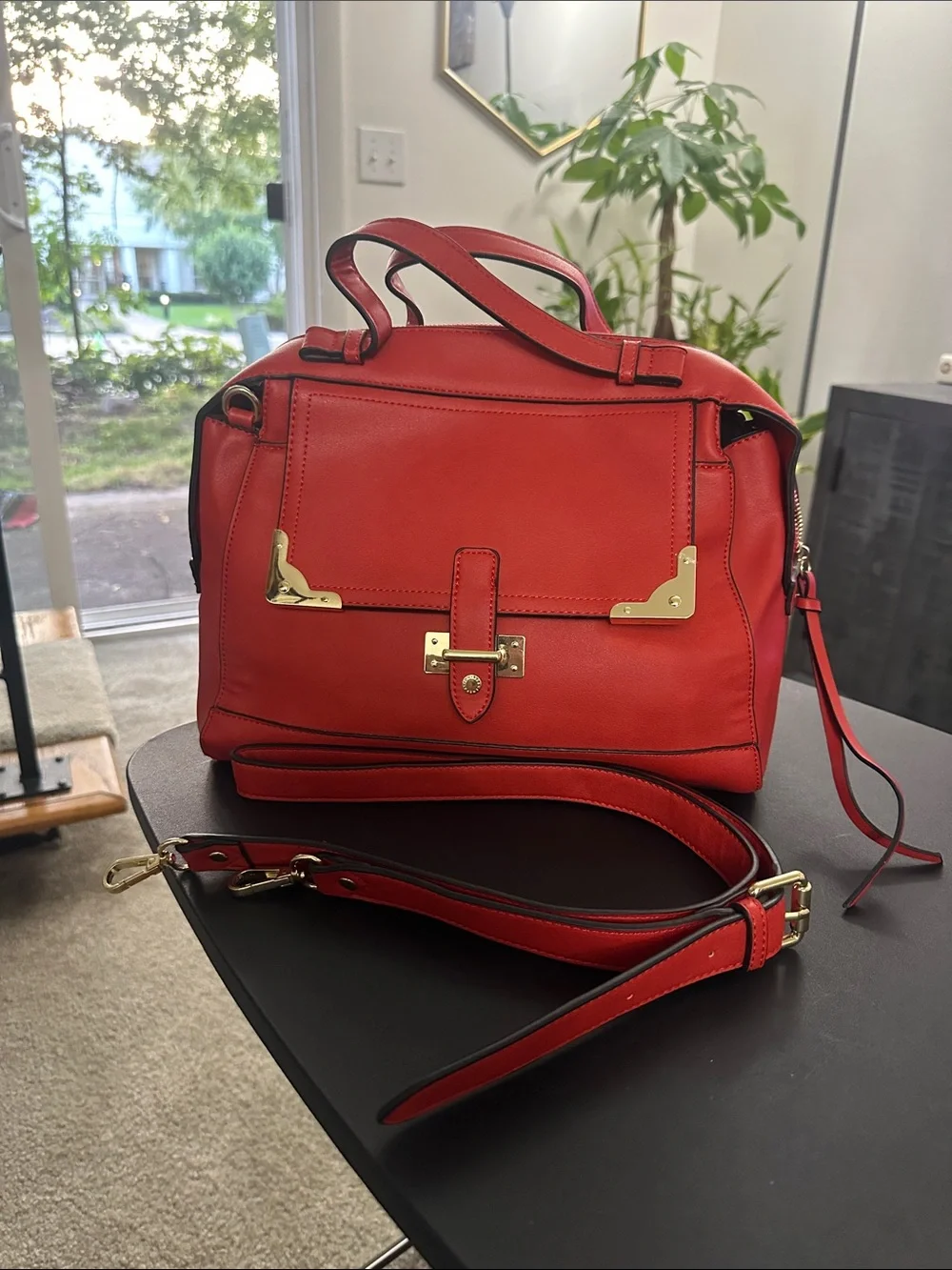 BCBGeneration Red Structured Top-Handle Satchel with Gold Hardware